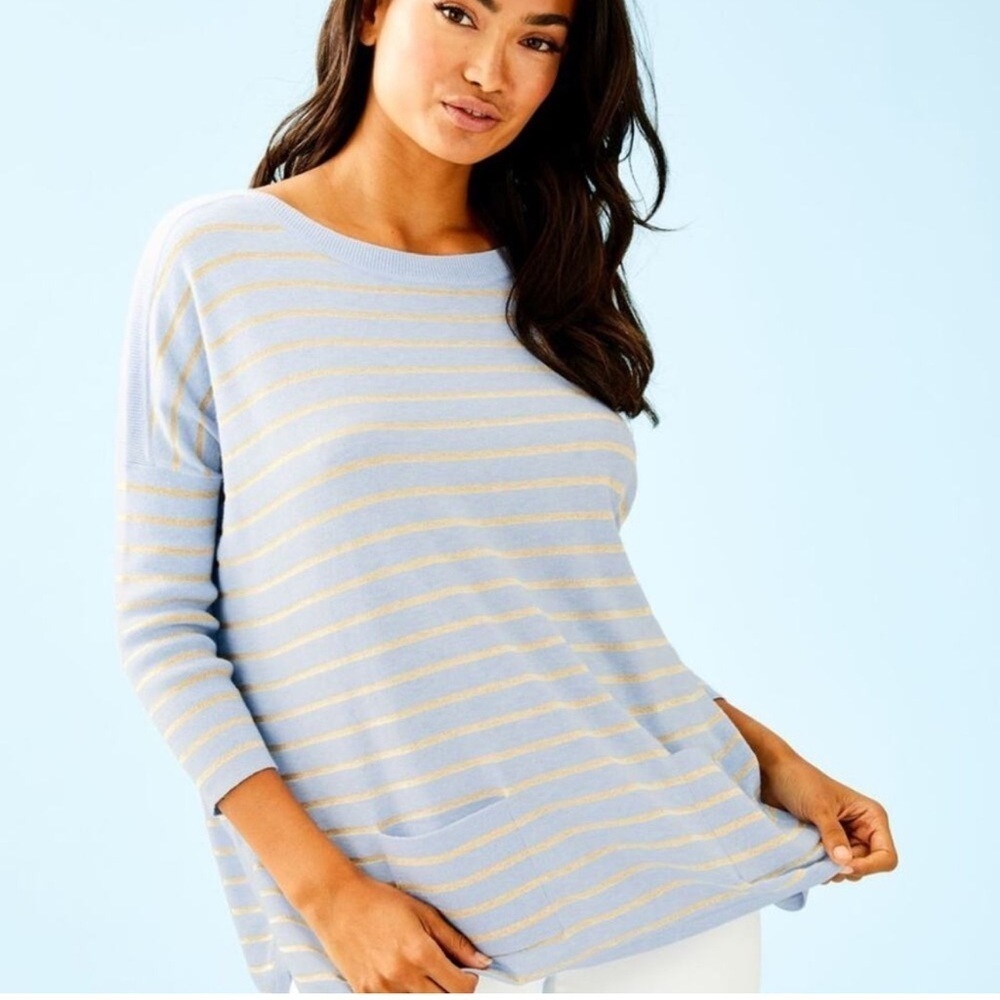 Lilly Pulitzer Cobo Boatneck Oversized Blue Gold Metallic Striped Small Sweater